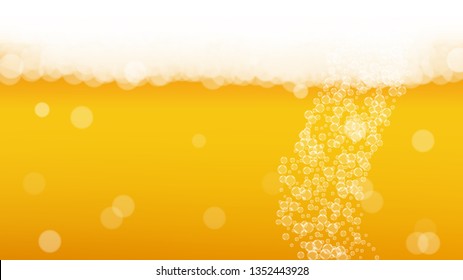 Splash beer. Background for craft lager. Oktoberfest foam. Cold pint of ale with realistic white bubbles. Cool liquid drink for bar flyer layout. Orange bottle with splash beer.