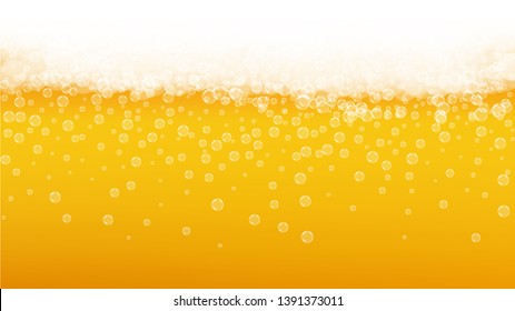 Splash beer. Background for craft lager. Oktoberfest foam. Bubbly pint of ale with realistic white bubbles. Cool liquid drink for pub banner concept. Gold bottle with splash beer.