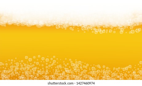 Splash beer. Background for craft lager. Oktoberfest foam. pab banner concept. Cold pint of ale with realistic white bubbles. Cool liquid drink for Yellow bottle with splash beer.