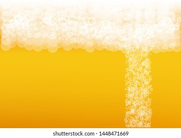 Splash beer. Background for craft lager. Oktoberfest foam. bar banner design. Festive pint of ale with realistic white bubbles. Cool liquid drink for Gold mug with splash beer.