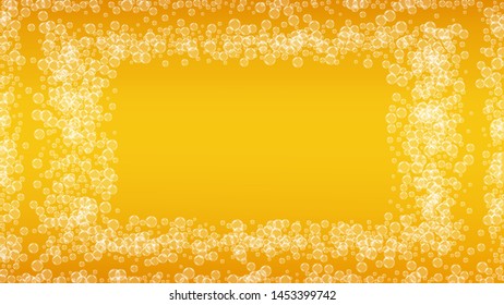 Splash beer. Background for craft lager. Oktoberfest foam. Pour pint of ale with realistic white bubbles. Cool liquid drink for restaurant banner concept. Yellow mug with splash beer.