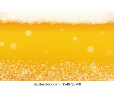 Splash beer. Background for craft lager. Oktoberfest foam. restaurant menu design. German pint of ale with realistic white bubbles. Cool liquid drink for Yellow mug with splash beer.