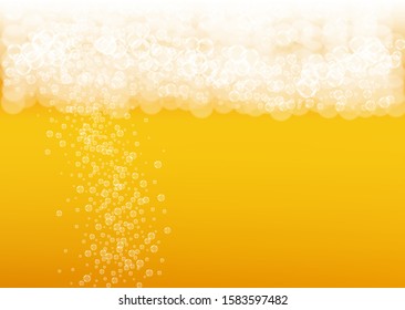 Splash beer. Background for craft lager. Oktoberfest foam. Cold pint of ale with realistic white bubbles. Cool liquid drink for bar menu design. Yellow mug with splash beer.