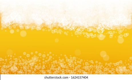 Splash beer. Background for craft lager. Oktoberfest foam. Shiny pint of ale with realistic white bubbles. Cool liquid drink for pab flyer template. Gold jug with splash beer.