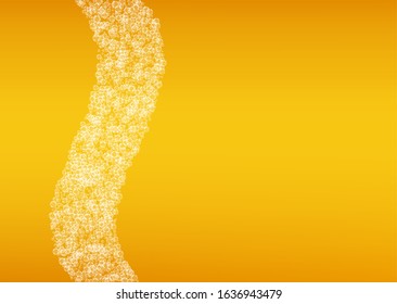 Splash beer. Background for craft lager. Oktoberfest foam. Cold pint of ale with realistic white bubbles. Cool liquid drink for restaurant menu layout. Golden jug with splash beer.