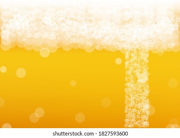 Splash beer. Background for craft lager. Oktoberfest foam. Pour pint of ale with realistic white bubbles. Cool liquid drink for restaurant banner template. Yellow glass with splash beer.
