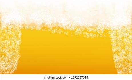 Splash beer. Background for craft lager. Oktoberfest foam. bar banner layout. Festive pint of ale with realistic white bubbles. Cool liquid drink for Orange glass with splash beer.