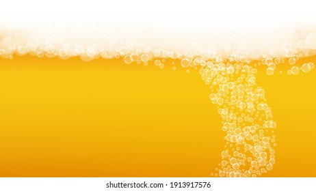 Splash Beer. Background For Craft Lager. Oktoberfest Foam. Bar Flyer Layout. German Pint Of Ale With Realistic White Bubbles. Cool Liquid Drink For Gold Mug With Splash Beer.