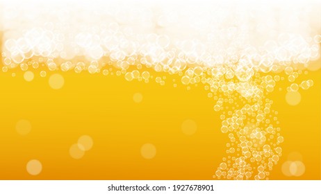 Splash beer. Background for craft lager. Oktoberfest foam. pub flyer concept. German pint of ale with realistic white bubbles. Cool liquid drink for Golden glass with splash beer.