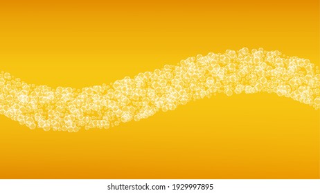 Splash beer. Background for craft lager. Oktoberfest foam. Fresh pint of ale with realistic white bubbles. Cool liquid drink for restaurant banner design. Gold mug with splash beer.