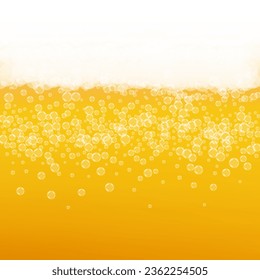 Splash beer. Background for craft lager. Oktoberfest foam. Pale pint of ale with realistic bubbles. Cool liquid drink for pub. Yellow menu design. Gold mug for beer background.