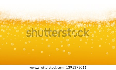 Splash beer. Background for craft lager. Oktoberfest foam. Bubbly pint of ale with realistic white bubbles. Cool liquid drink for pub banner concept. Gold bottle with splash beer.