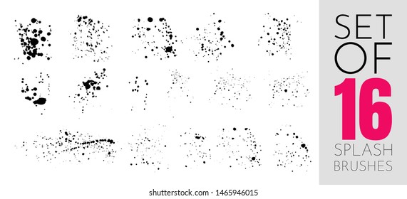 Splash of black paint. Vector illustration. Set of graphic design elements. Set of 16 brushes. Grunge concept. Doodle style