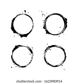 Splash And Blots. Vector Illustration Isolated On White Background. Decorative Elements For Grunge Design, Card, Logo, Menu, Coffee Shop. Black Shapes Of Wine Circle, Coffee Ring, Watercolor Stains.