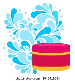 Chapa de gotas de agua azul y tarro de plástico cosmético para crema, champú, et. Patrón de salpicaduras naturales y envase cosmético aislado sobre un fondo blanco. Concepto de la pureza de su producto. Vector.