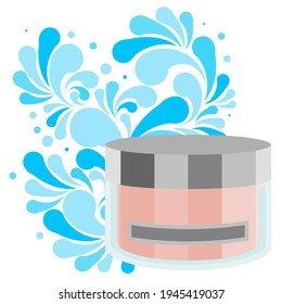 Tropfen mit blauem Wasser und Plastik-Kosmetikglas für Creme, Shampoo, ets. Natursplash-Muster und Kosmetikpackung einzeln auf weißem Hintergrund. Konzept der Reinheit Ihres Produkts. Vektorgrafik. 