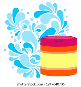 Splash of blue water drops and plastic cosmetic jar for cream, shampoo, ets. Nature splash pattern and cosmetic pack isolated on a white background. Concept of the purity of your product. Vector. 