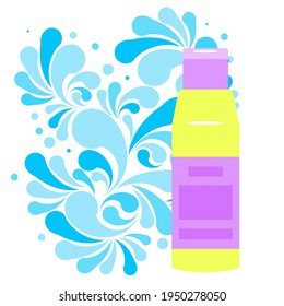 Splash of blue water drops and plastic cosmetic bottle for cream, shampoo, ets. Nature splash pattern and cosmetic pack isolated on a white background. Concept of the purity of your product. Vector. 