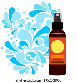 Chapa de gotas de agua azul y botella de plástico de spray cosmético para crema, champú, et. Patrón de salpicaduras naturales y envase cosmético aislado sobre un fondo blanco. Concepto de la pureza de su producto.
