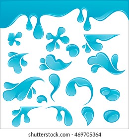 Splash of Blue Water Drops set. Liquid icons collection. Vector Illustration. Isolated on white.
