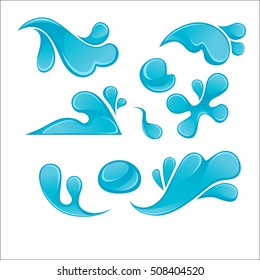 Splash of Blue Water Drops set. Liquid icons collection. Vector Illustration. Isolated on white.