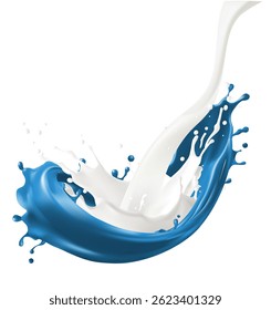 Salpicar líquidos azules y blancos chocando y fusionándose. El movimiento dinámico de los dos fluidos crea una composición abstracta y visualmente atractiva con intrincadas gotitas 
