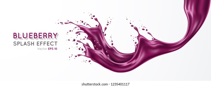 Splash of blueberry cocktail, yogurt, drink. Realistic vector illustration