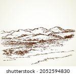 Splash brook glade shrub pencil line scene. Steep crag mount bank of marine gulf scenic view. Outline black ink drawn backdrop symbol design scenery in art doodle retro print style on paper text space
