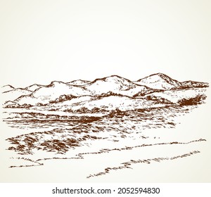 Splash brook glade shrub pencil line scene. Steep crag mount bank of marine gulf scenic view. Outline black ink drawn backdrop symbol design scenery in art doodle retro print style on paper text space