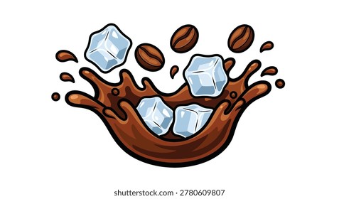 Splash of brown liquid with ice