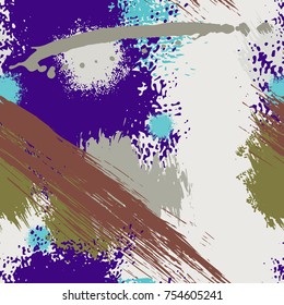 Splash Brush strokes Seamless pattern. Brushed Painted Abstract Background. Blobs and daubs, watercolor blots and blotches. Endlessly repeating dabs, ink smear smudges and stains. Vector illustration.