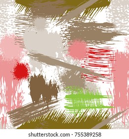 Splash Brush strokes Seamless pattern. Brushed Painted Abstract Background. Blobs and daubs, watercolor blots and blotches. Endlessly repeating dabs, ink smear smudges and stains. Vector illustration.