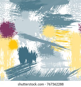 Splash Brush strokes Seamless pattern. Brushed Painted Abstract Background. Blobs and daubs, watercolor blots and blotches. Endlessly repeating dabs, ink smear smudges and stains. Vector illustration.