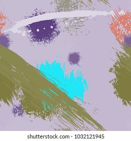 Splash Brush strokes watercolor seamless pattern. Brushed Painted Abstract Background. Blobs and daubs, blots and blotches. Endlessly repeating dabs, ink smear smudges and stains. Vector illustration.