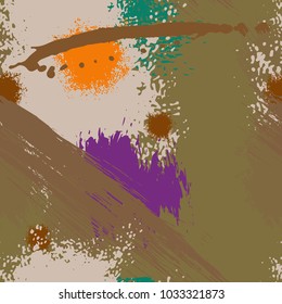 Splash Brush strokes watercolor seamless pattern. Brushed Painted Abstract Background. Blobs and daubs, blots and blotches. Endlessly repeating dabs, ink smear smudges and stains. Vector illustration.