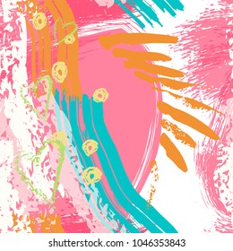 Splash Brush strokes watercolor seamless pattern. Brushed crayon Abstract Background. Chalk hearts, blobs and daubs, blots and blotches. Endlessly repeating dabs, smear, circles. Vector illustration.