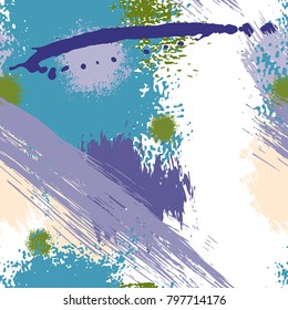 Splash Brush strokes watercolor seamless pattern. Brushed Painted Abstract Background. Blobs and daubs, blots and blotches. Endlessly repeating dabs, ink smear smudges and stains. Vector illustration.