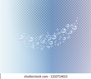 splash of bubbles of water or oxygen on blue transparent background. 3d vector realistic. underwater air, rain, effervescent drink, champagne, air, gas bubbles, soap, shampoo, foam or water.