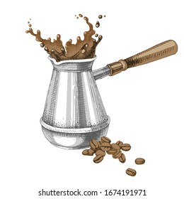 Splash in cezve and coffee beans. Hand drawn vector illustration in retro style