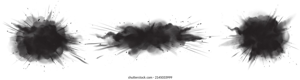 Splash of charcoal powder, coal sand explosion. Black sandy clouds, dry grainy stains or strokes, dirty smoke isolated design elements, dark textured smears on white background Realistic 3d vector set