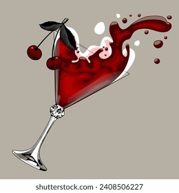 Splash of cherry cocktail in a falling cone glass. Vintage color engraving stylized drawing. Vector illustration