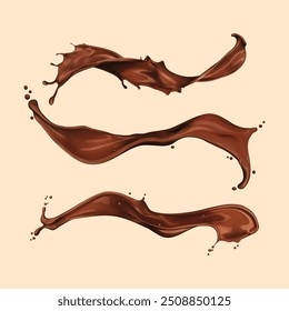 Splash of chocolate cocoa. Set of chocolate splashes drops isolated. Realistic vector illustration. Chocolate milk drink splash with splatters. Swirl flow, wave and drops. Melted sweet dessert food.