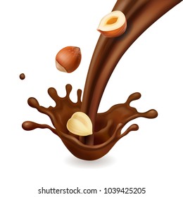 Fragmento de chocolate con trozo de avellanas en caída