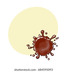 Splash of chocolate, realistic hand drawn, top view sketch style vector illustration with space for text. Hand drawn chocolate splash, background detail
