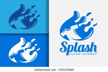 Diseño del logotipo de la lavandería de limpieza de salpicaduras. Diseño moderno de logotipo de lavado con salpicaduras de agua azul combinadas con el concepto de camiseta.