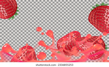 Splash of clear juice with strawberries. Horizontal illustration of splashes and fruits.  Realistic vector illustration.