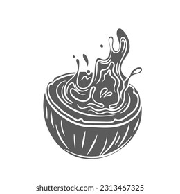 Splash of coconut water in fruit glyph icon vector illustration. Stamp of open coconut half with spilled splashing drink for beach party, soft flow, waves and drops of beverage pouring into nut