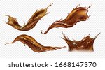 Splash of coffee, cola or tea isolated on transparent background. Vector realistic set of liquid waves of falling and flowing brown drink with drops and bubbles