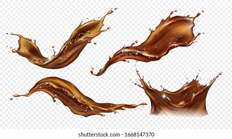 Splash of coffee, cola or tea isolated on transparent background. Vector realistic set of liquid waves of falling and flowing brown drink with drops and bubbles