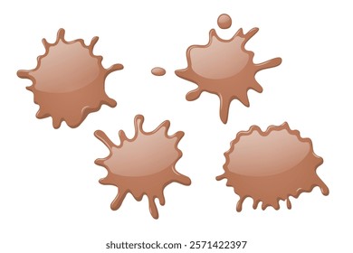 Splash of coffee, liquid chocolate stain with glossy texture. Abstract 3d brown paint spills and puddles with drops. Icons set of fluid splashes in mocha mousse color, vector illustration